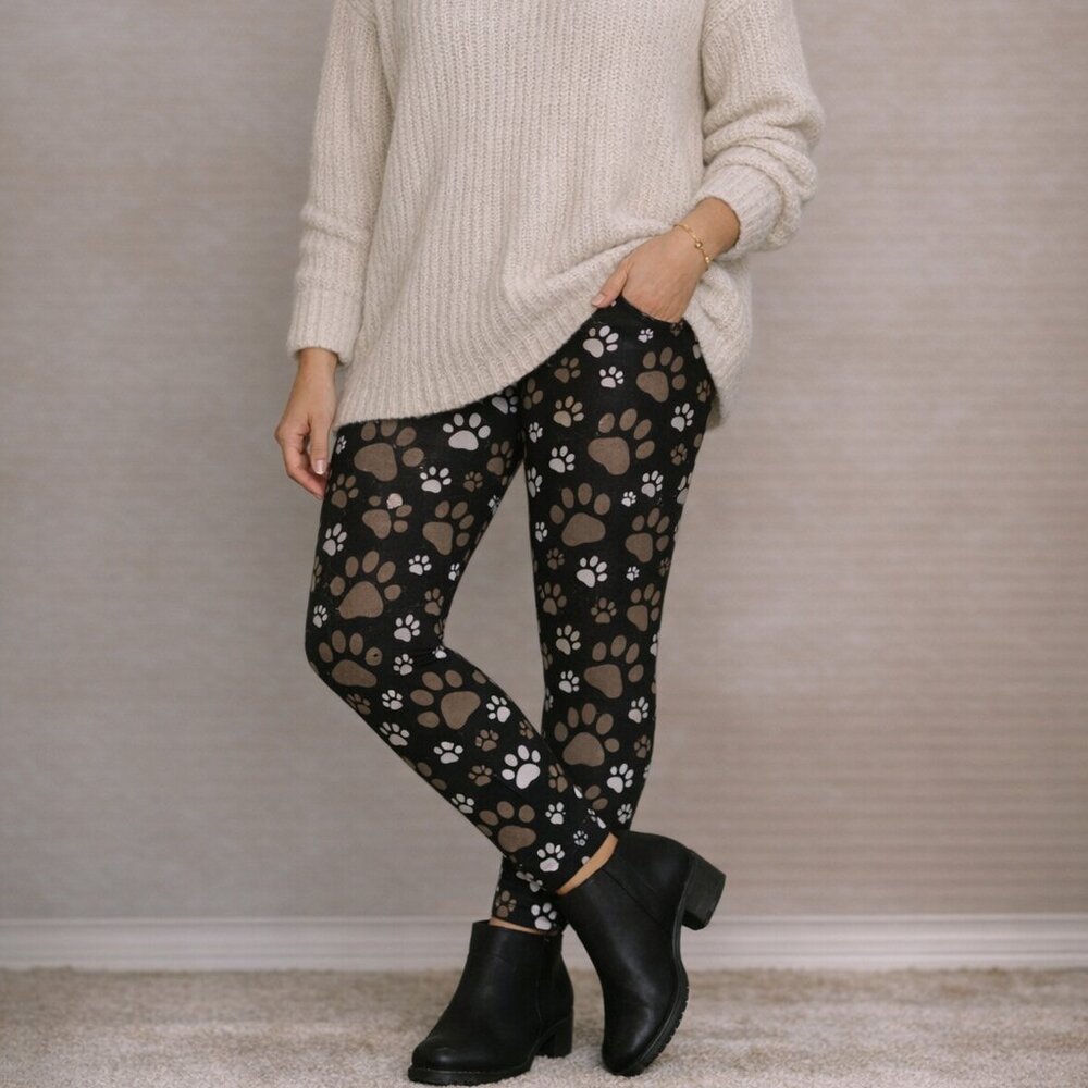 Just Cozy Fleece Lined Leggings Black Paw Print Soft Stretch M/L